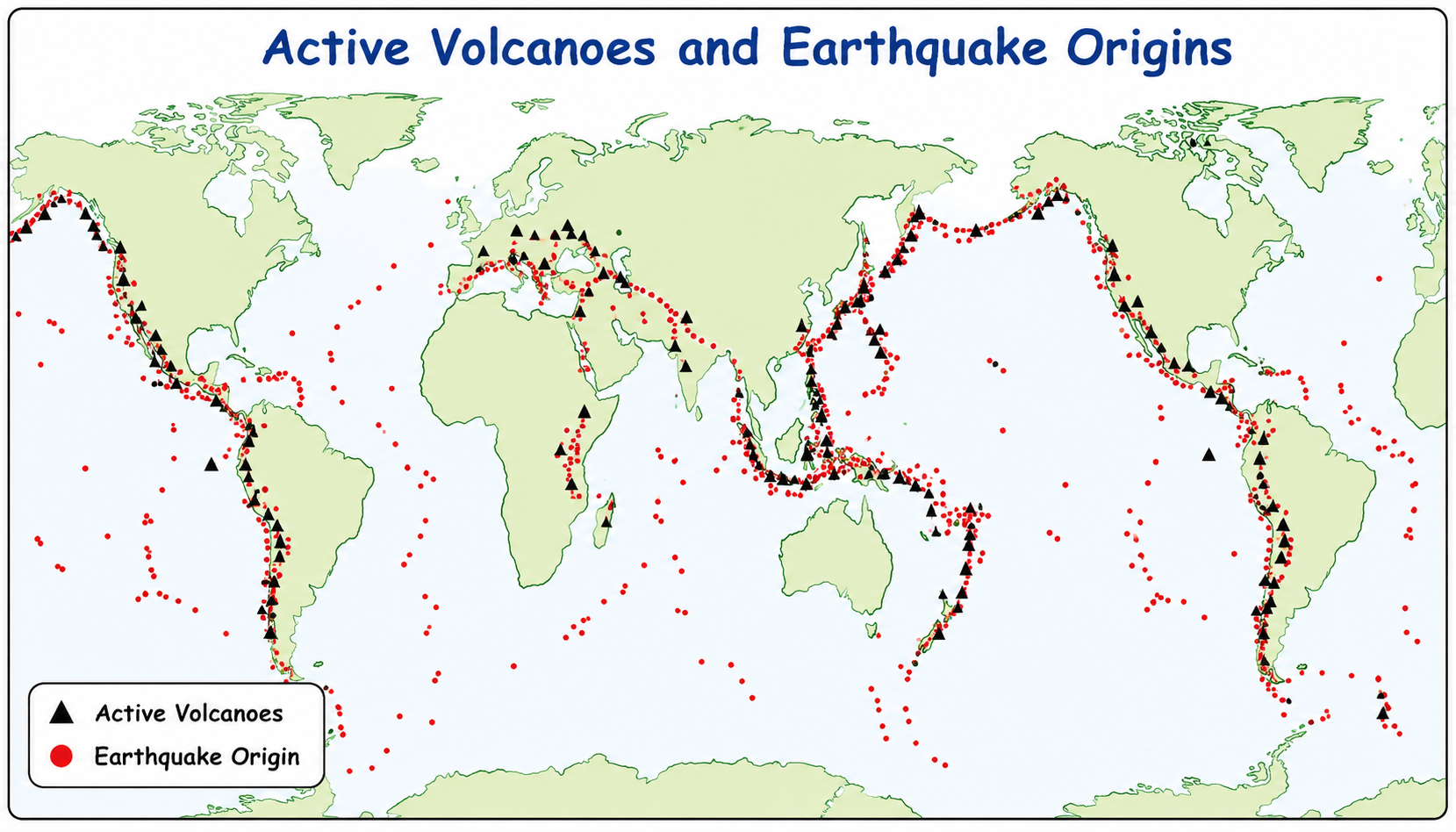 Distribution of earthquakes and volcanoes